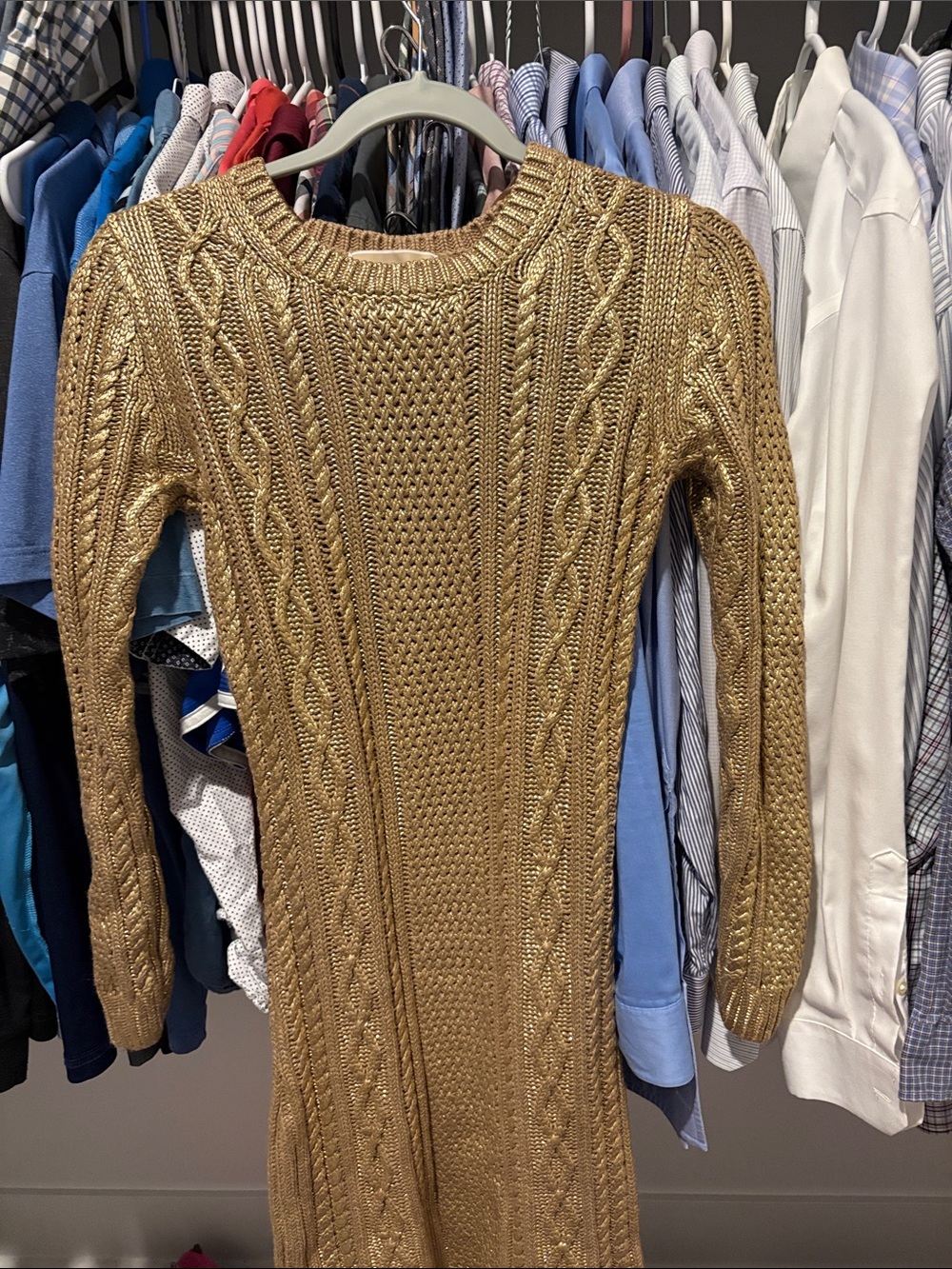MICHAEL Michael Kors Metallic Gold Cable-Knit Crewneck Sweater Dress